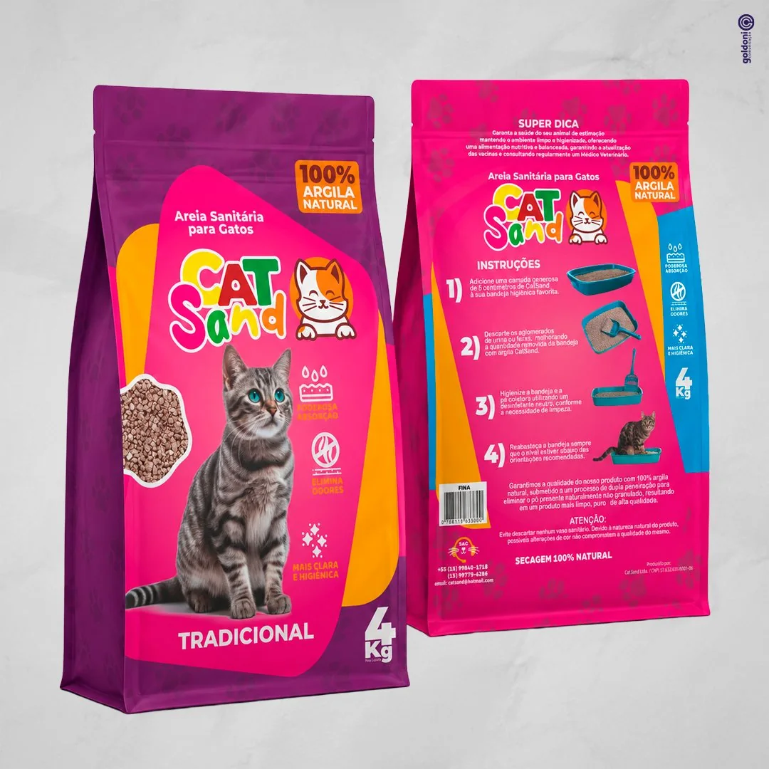 Embalagem de areia sanitária Cat Sand — frente e verso
