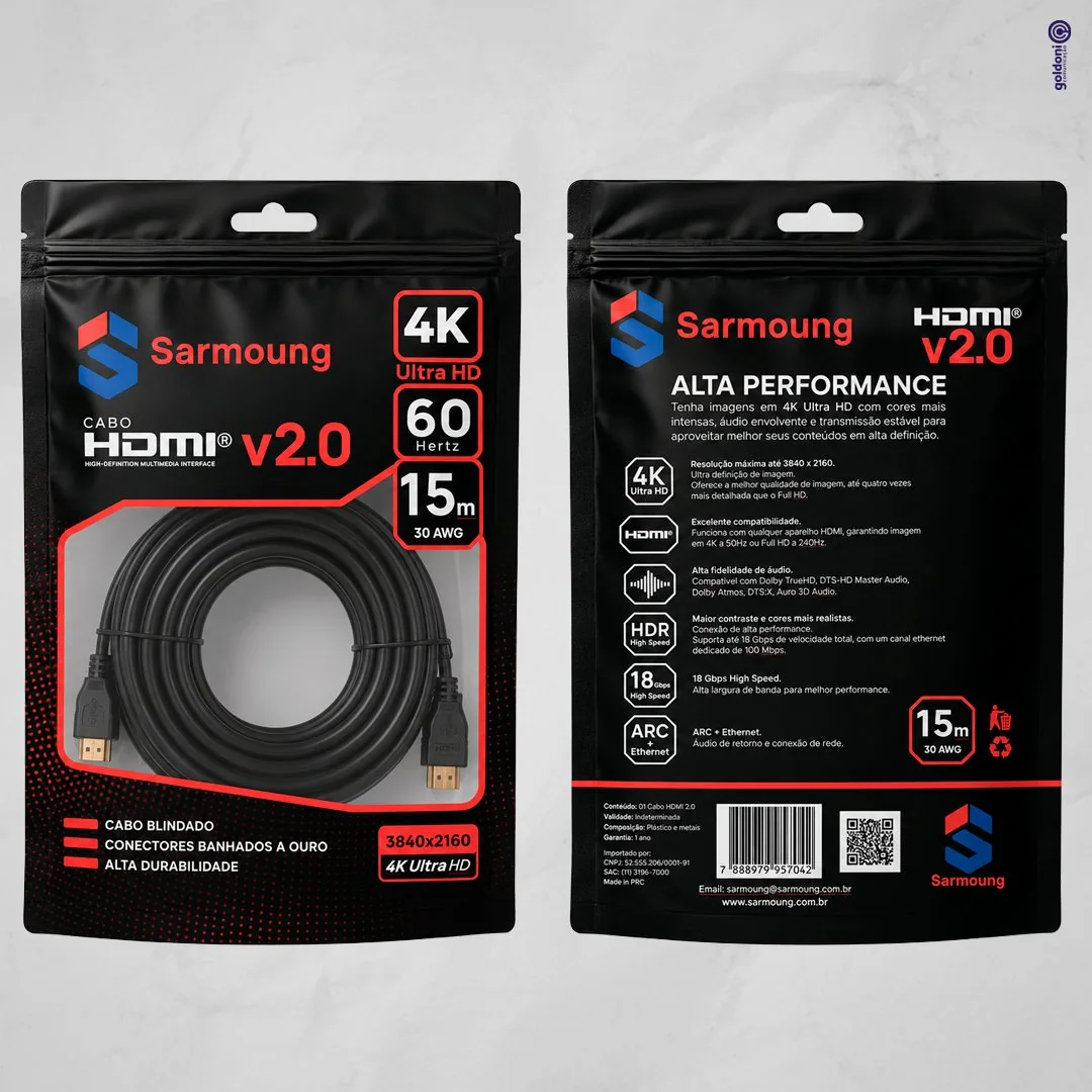 Embalagem de cabo HDMI Sarmoung — frente e verso